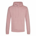 The AWDis Just Hoods JH001 is a plain pink hoodie featuring a front pocket and drawstrings, presented on a white background.