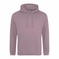 The JH001 hoodie by AWDis Just Hoods is presented against a white backdrop, showcasing its simple and casual style with a plain mauve design, complete with a front pocket and drawstring hood.