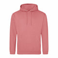 The AWDis Just Hoods JH001 hoodie in plain pink features a front pocket and drawstring hood, showcased against a white background.