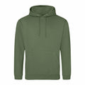 An AWDis Just Hoods JH001 olive green hoodie, featuring a front pocket and drawstring hood, displayed against a white background.