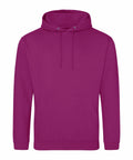 A simple, magenta hoodie from AWDis Just Hoods, featuring a front pocket and drawstrings, displayed against a white background.