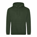 An AWDis Just Hoods JH001 hoodie in a simple dark green color, featuring a front pouch pocket and drawstrings on the hood, offers a soft and comfortable material ideal for casual wear. The hoodie is showcased against a white background.