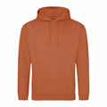 The AWDis Just Hoods JH001 is an orange hoodie featuring a front pocket and drawstrings at the hood. It has long sleeves and is showcased against a simple white background.