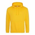 A vibrant JH001 hoodie in yellow, designed by AWDis Just Hoods, features a drawstring hood and a front kangaroo pocket against a plain white background. This long-sleeved hoodie is crafted from soft fabric, making it perfect for casual wear.
