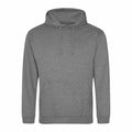 A plain gray hoodie from AWDis Just Hoods, featuring a front pocket and adjustable drawstrings, known as product JH001.