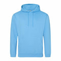 Introducing the AWDis Just Hoods JH001: a stylish light blue hoodie featuring a front pocket and adjustable drawstrings. Designed with long sleeves and a hood, this versatile piece is presented against a plain white background.