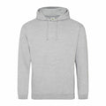 Introducing the JH001 by AWDis Just Hoods, a simple grey hoodie featuring a front pouch pocket and adjustable drawstring hood, showcased against a white backdrop.