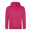 An AWDis Just Hoods JH001 bright pink hoodie featuring a front pocket and drawstring hood, showcased against a white background.
