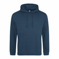 A JH001 hoodie from AWDis Just Hoods, featuring a plain dark teal color with long sleeves and a hood, complete with a front pocket and drawstrings. It's displayed against a white background and is ideal for casual wear due to its simple design.