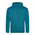 The JH001 hoodie by AWDis Just Hoods, in a teal color with a front pocket and drawstrings, is showcased against a plain white background. Its fabric looks soft and comfortable, ideal for casual wear.