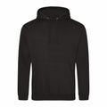 The JH001 hoodie from AWDis Just Hoods is a plain black design featuring a hood with drawstrings, long sleeves, and a front pocket.