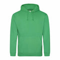 The AWDis Just Hoods JH001, a plain green hoodie featuring a front pocket and drawstrings, is showcased against a white background.