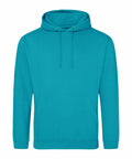 The AWDis Just Hoods JH001 is a plain turquoise hoodie featuring a front pocket and adjustable drawstrings on the hood, displayed against a white background.