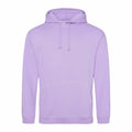 The JH001 hoodie from AWDis Just Hoods is presented in plain lavender, highlighting a front pocket and drawstring hood. Displayed against a white backdrop, the design emphasizes its straightforward and casual style.