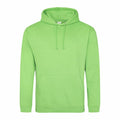 An AWDis Just Hoods JH001 in vibrant green featuring a front pocket and drawstring hood.