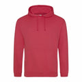 A plain red JH001 hoodie by AWDis Just Hoods, featuring a front pocket and an adjustable drawstring hood.