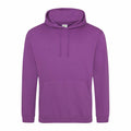 AWDis Just Hoods JH001 hooded sweatshirt in purple, featuring drawstrings and a front pocket, showcased against a white background.