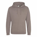 The JH001 hoodie by AWDis Just Hoods features a plain taupe color, complete with a front pocket and drawstrings.