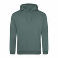 AWDis Just Hoods JH001: A green sweatshirt featuring a drawstring hood and a front pocket.