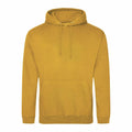 The AWDis Just Hoods JH001 features a plain mustard yellow design with a front pocket and drawstring hood, displayed against a white background.