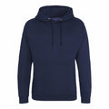 JH001 by AWDis Just Hoods, a dark blue hoodie featuring a front pocket and drawstrings, showcased against a plain white background.