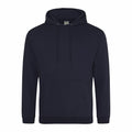 A plain black hoodie from AWDis Just Hoods, featuring a front pocket and drawstrings, model JH001.
