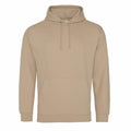 An AWDis Just Hoods JH001 hoodie in beige, featuring a plain design with a front pocket and drawstrings, displayed on a white background.