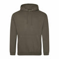 AWDis Just Hoods JH001 olive green hooded sweatshirt featuring a front pocket and drawstrings.