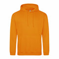 An AWDis Just Hoods JH001 orange hooded sweatshirt, featuring a front pocket and drawstrings, showcased on a plain white background.