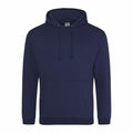 The AWDis Just Hoods JH001 features a navy blue hooded sweatshirt with drawstrings and a front pocket, showcased on a plain white background.