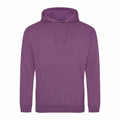 AWDis Just Hoods JH001 in purple, featuring a front pocket and drawstring hood, displayed on a plain white background.