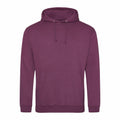 The JH001 hoodie by AWDis Just Hoods, featuring a plain maroon design with a front pocket and drawstring hood, is displayed against a white background.