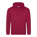 An AWDis Just Hoods JH001 hoodie in maroon, featuring a front pocket and a drawstring hood.