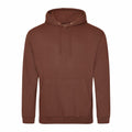 AWDis Just Hoods JH001: A brown hooded sweatshirt featuring a front pocket and drawstrings.