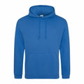 The AWDis Just Hoods JH001 is a blue hoodie featuring a front pocket and hood with drawstrings.