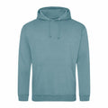 The JH001 hoodie by AWDis Just Hoods is a teal garment featuring a front pocket and drawstring hood, presented against a white background.