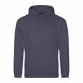 The AWDis Just Hoods JH001 is displayed, featuring a dark gray design with a front pocket and a drawstring hood, set against a white background.