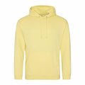 JH001 by AWDis Just Hoods is a yellow hoodie displayed on a white background, featuring a front pocket and drawstrings.