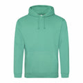 JH001 from AWDis Just Hoods is a green hooded sweatshirt featuring a front pocket and drawstrings.