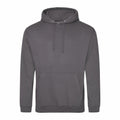 An AWDis Just Hoods JH001 gray hoodie featuring a front pocket and a drawstring hood.