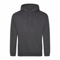 An AWDis Just Hoods JH001 plain dark gray hoodie featuring a front pocket and drawstring hood, displayed on a white background.