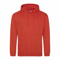 AWDis Just Hoods JH001 red hoodie, featuring drawstrings and a front pocket, displayed against a white background.