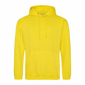 The AWDis Just Hoods JH001 hoodie is a simple yellow design, featuring a front pocket and drawstrings on the hood.