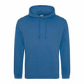 A JH001 hoodie by AWDis Just Hoods, featuring a solid blue color, long sleeves, a front pocket, and a drawstring hood.