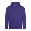 AWDis Just Hoods JH001: a purple hooded sweatshirt featuring a front pocket and drawstring.
