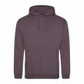 The JH001 hoodie by AWDis Just Hoods is a simple, dark gray sweatshirt featuring long sleeves, a front pocket, and drawstrings.
