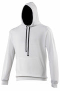 AWDis Just Hoods JH003 hoodie in plain white with a front pocket and black drawstrings.
