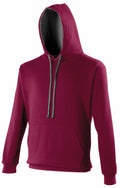 The AWDis Just Hoods JH003 sweatshirt, in maroon with gray drawstrings, a front pocket, and a dark interior hood lining, is displayed on a white background.