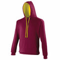 The JH003 by AWDis Just Hoods is a maroon hoodie with a yellow inner lining and drawstrings, complete with a front pocket.