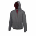 A gray hooded sweatshirt from AWDis Just Hoods, product name JH003, features a front pocket and maroon drawstrings, displayed against a white background. The interior of the hood is enhanced with maroon fabric.